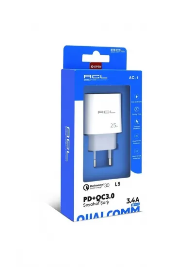 ACL AC-1 L5 3.4A 25 Watt 1xUSB, 1xUSB-C PD Şarj Başlığı Seyahat Şarj