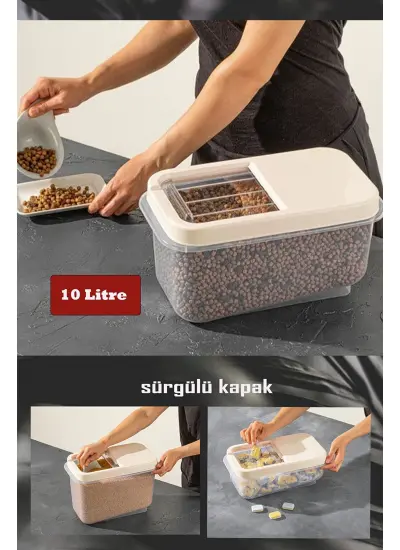 Sürgülü Kapaklı 10 LT Erzak Bakliyat Un Şeker Saklama Kabı