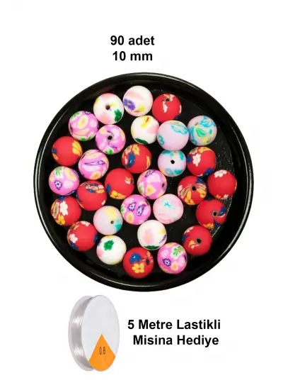 90 Adet 10 mm Polimer Kil Fimo Boncuk Takı Bileklik + 5 Metre Lastikli Misina Hediye - Desenli Yuvarlak