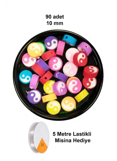 90 Adet 10 mm Polimer Kil Fimo Boncuk Takı Bileklik + 5 Metre Lastikli Misina Hediye - Renkli Yin Yang