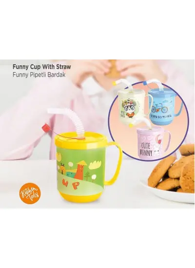 Funny Pipetli Çocuk Içecek Bardağı Desenli Bardak 350ml