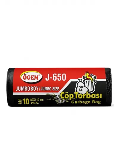 J-650 Jumbo Boy Çöp Torbası 80 x 110 cm 10 Lu Rulo x 1 Paket = 10 Adet (Siyah)