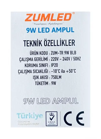 Zumled 9W Beyaz LED Ampul   -201