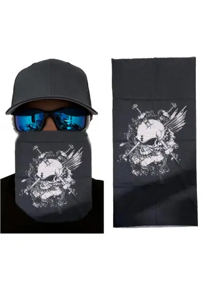 Siyah Renk Üzeri Likralı Beyaz Kafatası Kuru Kafa Baskılı Baf Buff Bandana 25x48 cm