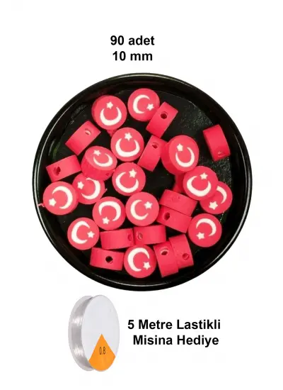 90 Adet 10 mm Polimer Kil Fimo Boncuk Takı Bileklik + 5 Metre Lastikli Misina Hediye - Türk Bayrağı