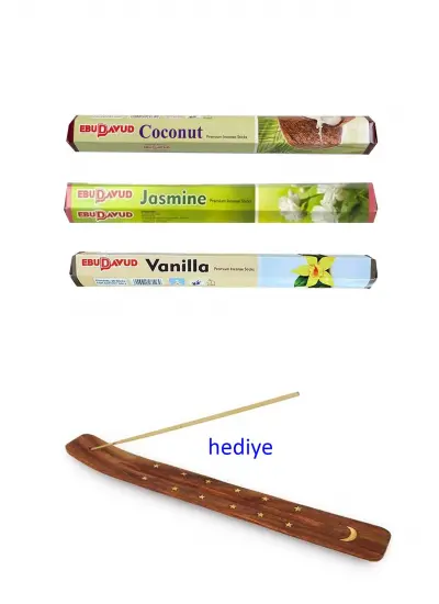 3 Paket 20 Çubuklu Tütsü Jasmine - Coconut - Vanilla - Kayık Hediyeli