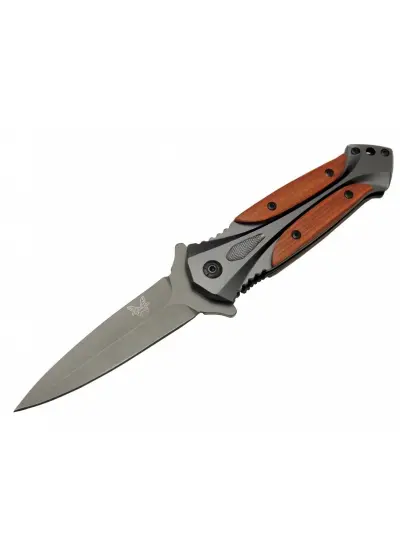 Benchmade DA27B Gri Sivri Kamp Çakı 20cm - Yarı Otomatik, Kemerlikli, Kutulu, Ahşap - Metal Sap