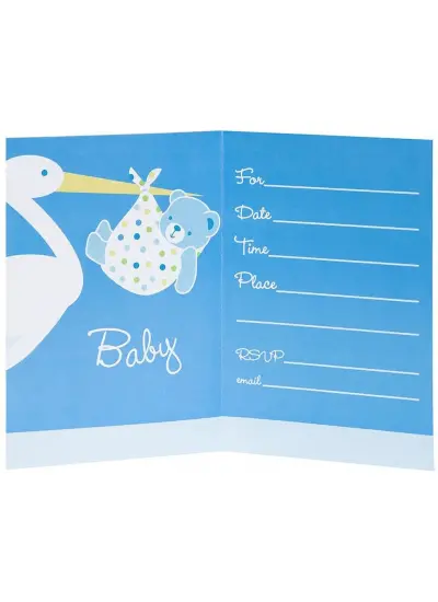 Baby Boy Stork Temalı Mavi Renk Baby Shower Davetiye 8 Adet