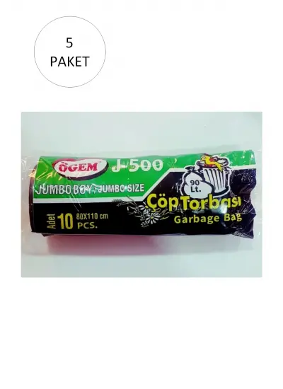 J-500 Jumbo Boy Çöp Torbası 80 x 110 cm 10 Lu Rulo x 5 Paket = 50 Adet (Siyah)