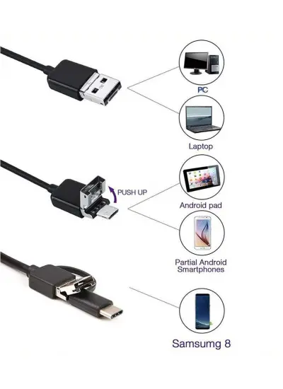 Endoskop 3 in 1 Yılan Kamera USB Micro Usb Type-C 2M Sert Kablo