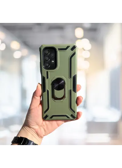 SAMSUNG A33 YÜZÜKLÜ STANDLI TANK KILIF  (ARMOR MILITARY CASE)  KOYU YEŞİL