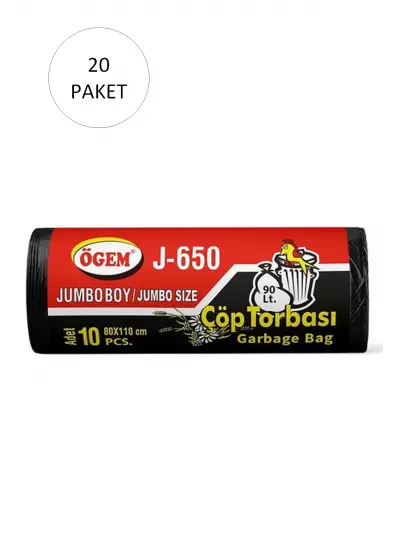 J-650 Jumbo Boy Çöp Torbası 80 x 110 cm 10 Lu Rulo x 20 Paket = 200 Adet (Siyah)