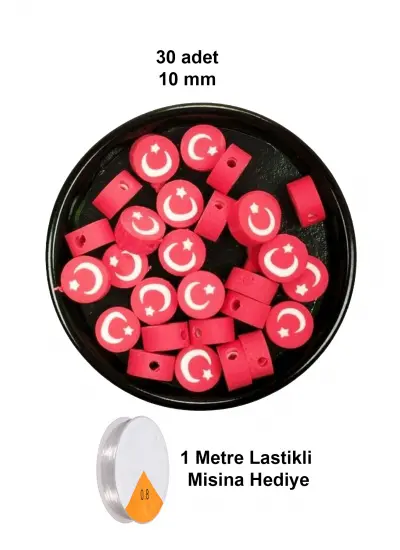 30 Adet 10 mm Polimer Kil Fimo Boncuk Takı Bileklik + 1 Metre Lastikli Misina Hediye - Türk Bayrağı