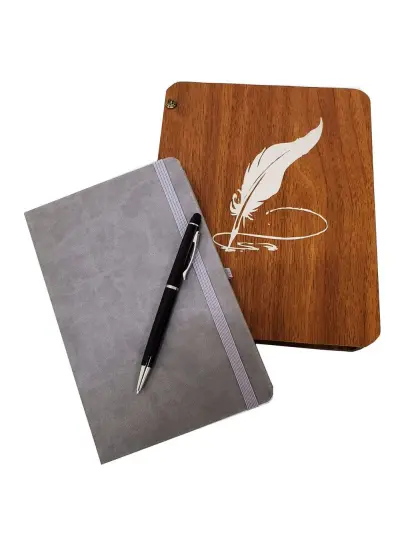 Hediyelik Metal Kalem ve Çizgili Deri Defter