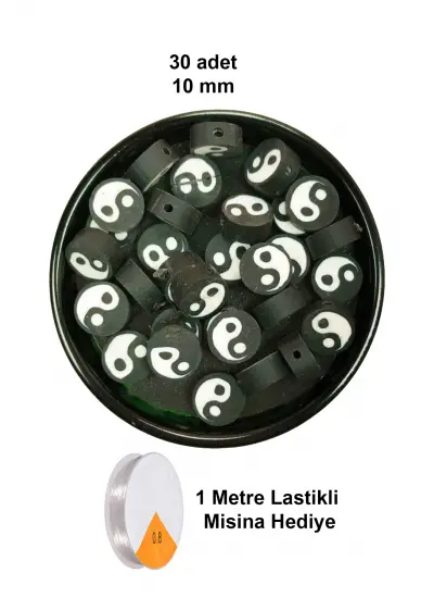 30 Adet 10 mm Polimer Kil Fimo Boncuk Takı Bileklik + 1 Metre Lastikli Misina Hediye - Yin Yang