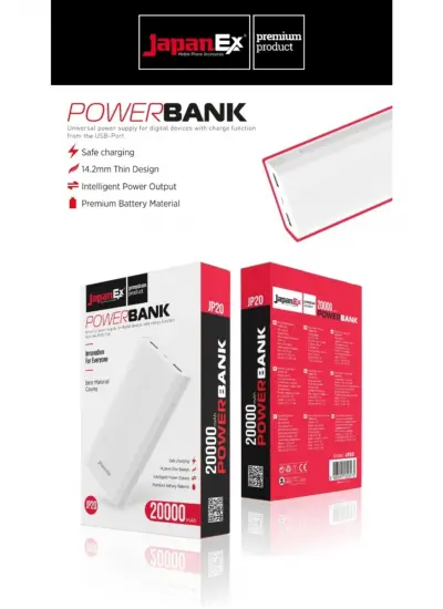 Japanex 20.000 Mah Led Göstergeli 2.çıkışlı Powerbank Yedek Batarya Taşınabilir Şarj Cihazı JP20