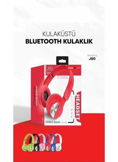 JapanEx J80 Wireless Kulaklık Kırmızı Siyah Mavi Beyaz Yeşil Pembe Renk Seçenekleri, One Size