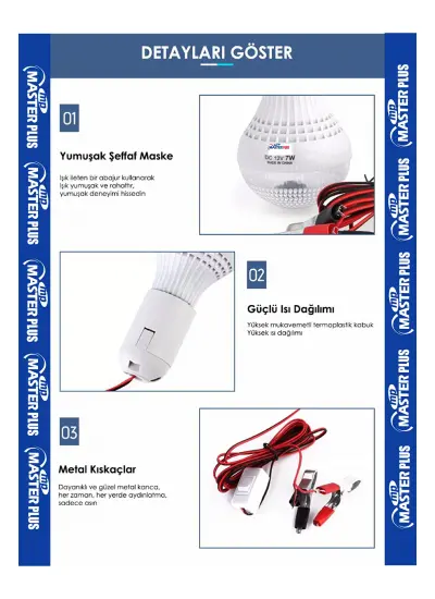 Masterpluse-27 Duylu 7Watt 12 Volt Beyaz Işık Led Ampul Akü Ile Çalışan Ampül Kamp Ampülü