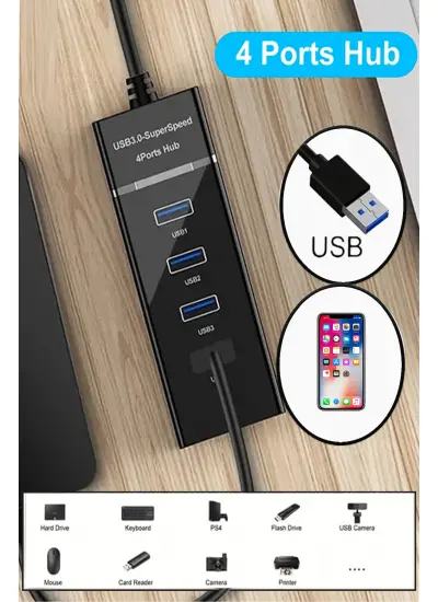 Acl 4 Port Usb 3.0 Çoklayıcı Hub Anahtarlı Işıklı