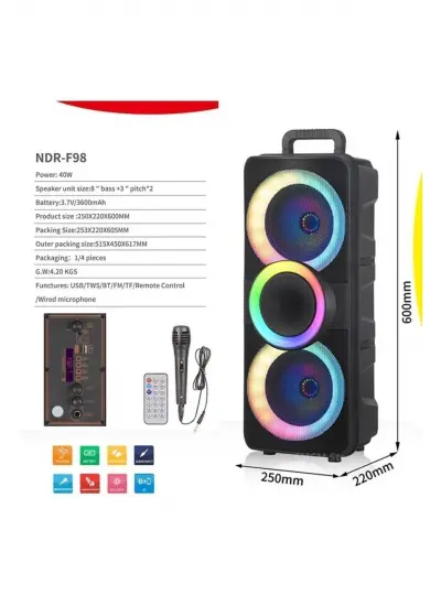 JapanEx NDR-F98 Mikrofonlu Kumandalı Rgb Ledli Taşınabilir Bluetooth Hoparlör Usb-Tf-Fm Radyo Siyah