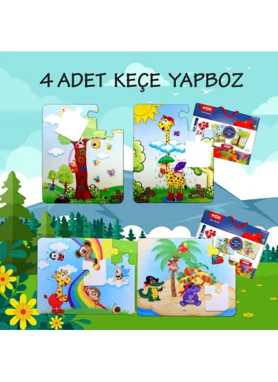 4 Set - 48 Parça  Gökkuşağı ve Zürafa 3+ Keçe Yapboz - 3 Yaş Puzzle