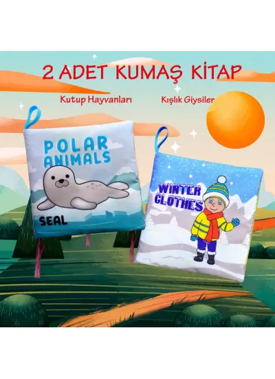 2 Kitap  İngilizce Kutup Hayvanları ve Kışlık Giysiler Kumaş Sessiz Kitap