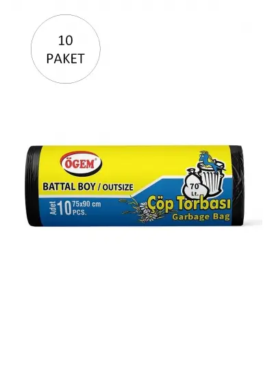 Battal Boy Çöp Torbası 75 x 90 cm 10 Lu Rulo x 10 Paket = 100 Adet (Siyah)