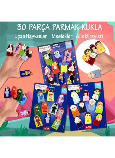 3 Set - 30 Parça  Meslekler, Aile Bireyleri ve Uçan Hayvanlar Parmak Kukla