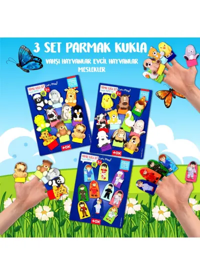 3 Set - 30 Parça  Evcil , Vahşi Hayvanlar ve Meslekler Parmak Kukla