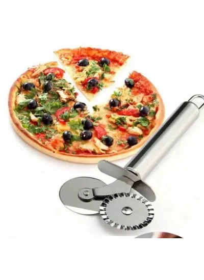 Çİft Başlı Metal Pizza Kesici ve Hamur Ruleti