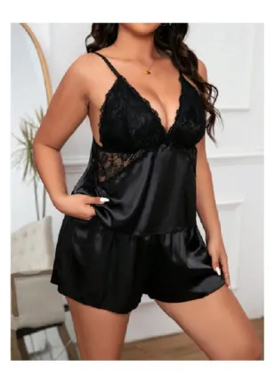 Siyah Büyük Beden Saten Dantelli Şortlu Pijama Takım 10007 Siyah Büyük Beden Saten Dantelli Şortlu Pijama Takım 10007