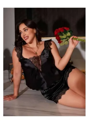 Siyah Büyük Beden Saten Dantelli Şortlu Pijama Takım 10008 Siyah Büyük Beden Saten Dantelli Şortlu Pijama Takım 10008