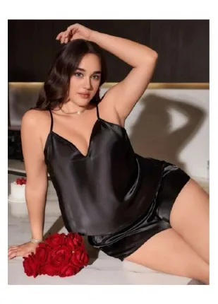 Siyah Büyük Beden Saten İnce Askılı Şortlu Pijama Takım 10006 Siyah Büyük Beden Saten İnce Askılı Şortlu Pijama Takım 10006