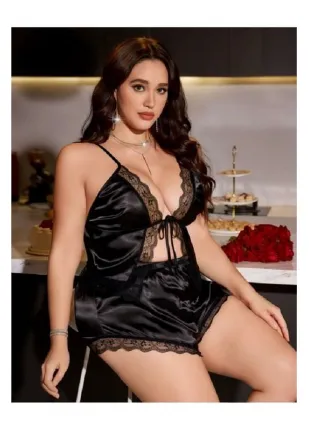 Zarif Dantelli Saten Büyük Beden Siyah Şort Takım 10005 Zarif Dantelli Saten Büyük Beden Siyah Şort Takım 10005