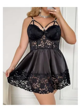 Siyah Büyük Beden Dantel Detaylı Saten Gecelik 11015 Siyah Büyük Beden Dantel Detaylı Saten Gecelik 11015