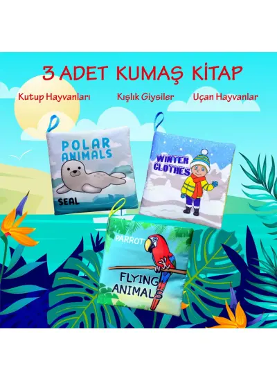 3 Kitap  İngilizce Kutup Hayvanları , Uçan Hayvanlar ve Kışlık Giysiler Kumaş Sessiz Kitap