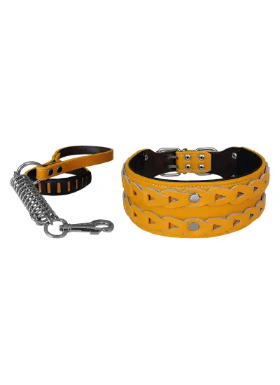 Deri İşlemeli Lüks Köpek Tasma Seti XL 7 cm*60-68 cm Sarı