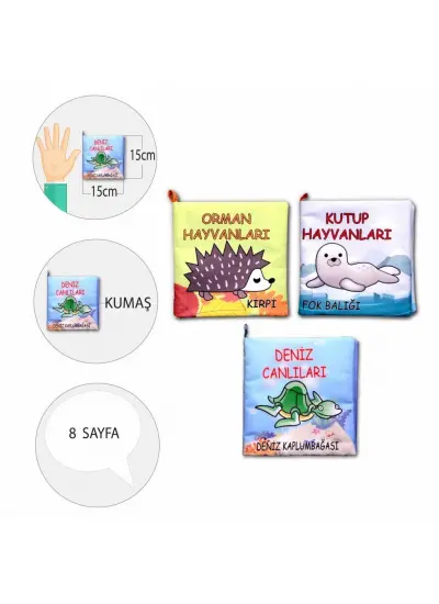 3 Kitap  Orman, Deniz ve Kutup Hayvanları Kumaş Sessiz Kitap