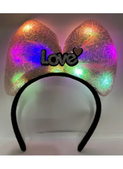 Led Işıklı 3 Farklı Fonksiyonda Yanan Gümüş Love Yazılı Toz Pembe Fiyonk Taç 20X17 cm