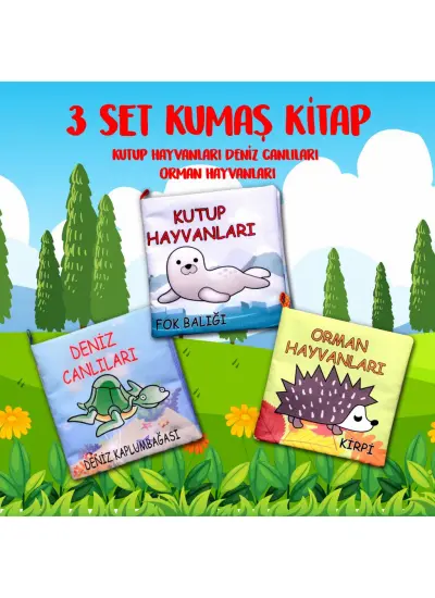 3 Kitap  Orman, Deniz ve Kutup Hayvanları Kumaş Sessiz Kitap