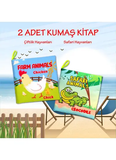 2 Kitap  İngilizce Çiftlik Hayvanları ve Safari Hayvanarı Kumaş Sessiz Kitap