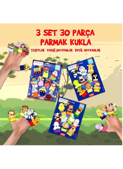 3 Set - 30 Parça  Taşıtlar, Evcil ve Vahşi Hayvanlar Parmak Kukla