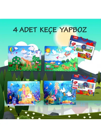 4 Set - 96 Parça  Origami ve Deniz Kızı 5+ Keçe Yapboz - 5 Yaş Puzzle