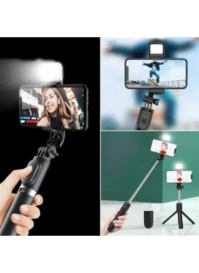 Kendiliğinden Işıklı Masaüstü Tripod Olabilen Telefon Tutuculu Kablosuz Kumandalı Selfie Çubuğu