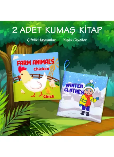 2 Kitap  İngilizce Çiftlik Hayvanları ve Kışlık Giysiler Kumaş Sessiz Kitap