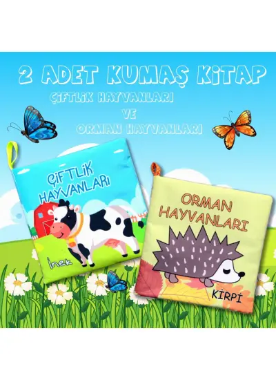 2 Kitap  Çiftlik Hayvanları ve Orman Hayvanlar Kumaş Sessiz Kitap