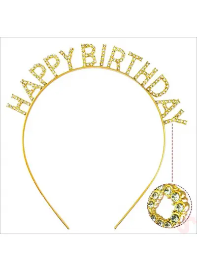 Altın Gold Renk Kristal Taşlı Parlak Happy Birthday Taç 16x17 cm