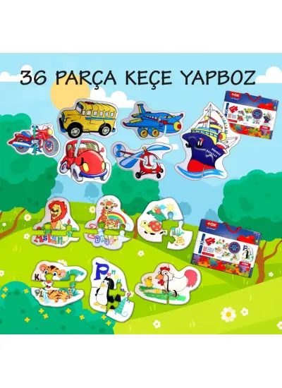 12 Set - 36 Parça  Hayvanlar ve Ulaşım Araçları 2+ Keçe Yapboz - 2 Yaş Puzzle