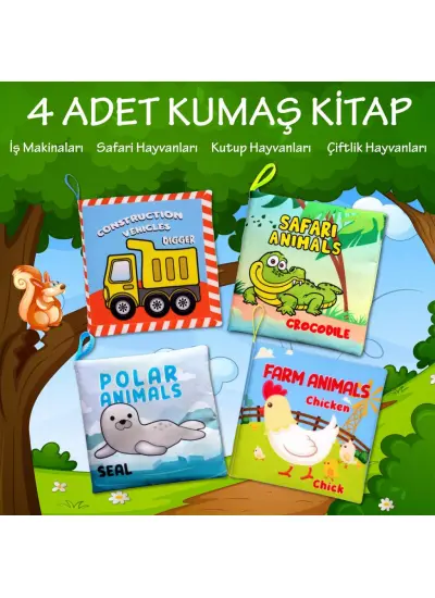 4 Kitap  İngilizce İş Makinaları, Çiftlik, Orman ve Kutup Hayvanları Kumaş Sessiz Kitap