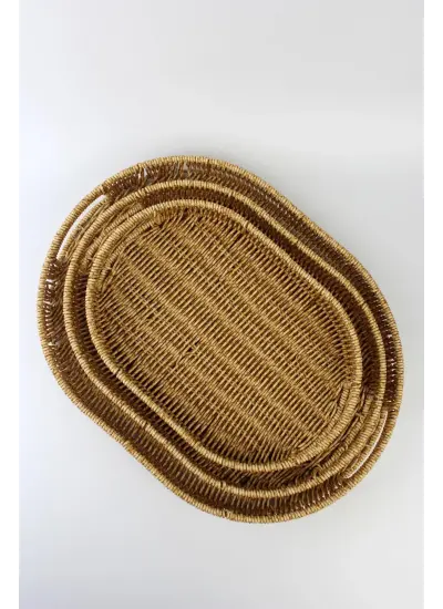 3 lü Rattan Tepsi Dekoratif Tepsi Hasır Örme Tepsi Oval Krem Alg11331